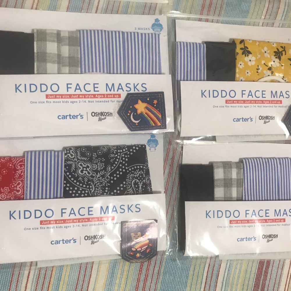 12 New Carter’s Kiddo Face Masks for Kids 2-14 y/o. 4 packs with 3 mask per pack